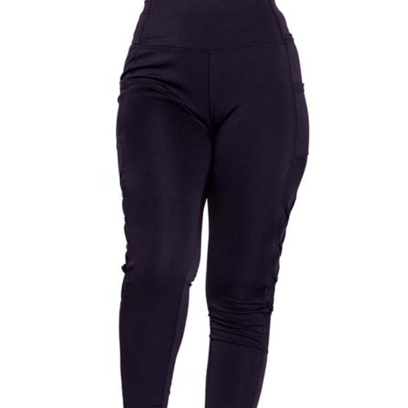 High-Waisted & Criss Cross Mash Panel Gym and Yoga Leggings with Side Pockets - Picture 3 of 7